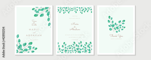 Set of card with green flower and leaves. Wedding ornament concept. Floral poster, invite. Vector decorative greeting card or invitation design background