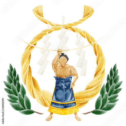 しめ飾りと弓取り式をする力士のイラスト