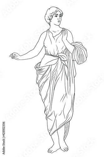 An ancient Greek young woman in a tunic and cape stands looks away and gestures.