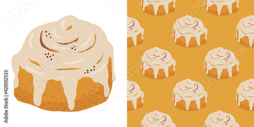 Cinnamon bun cartoon style vector illustration. Doodle clip art element for cafe menu or chalkboard.