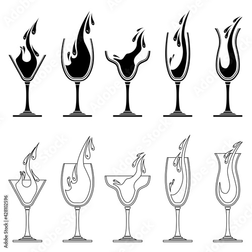 Black and white glasses with wine and water. Illustration can be used for coloring book and pictures for children.