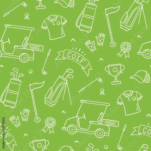 Golf seamless pattern - club, ball, flag, bag and golf cart in doodle style. Hand drawn vector illustration on white background