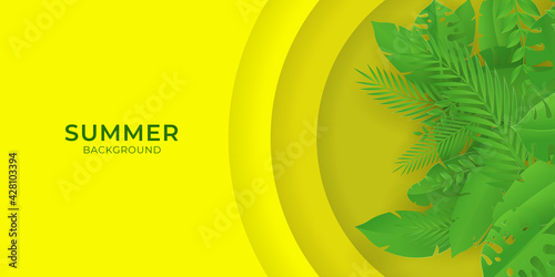 Green summer leaves on yellow background with paper cut style. Green floral summer background. Trendy editable template for social networks stories, vector illustration.