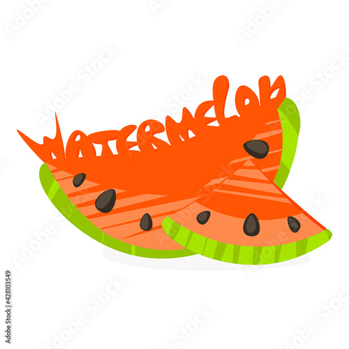 Red watermelon with an inscription on a white background. Isolated.