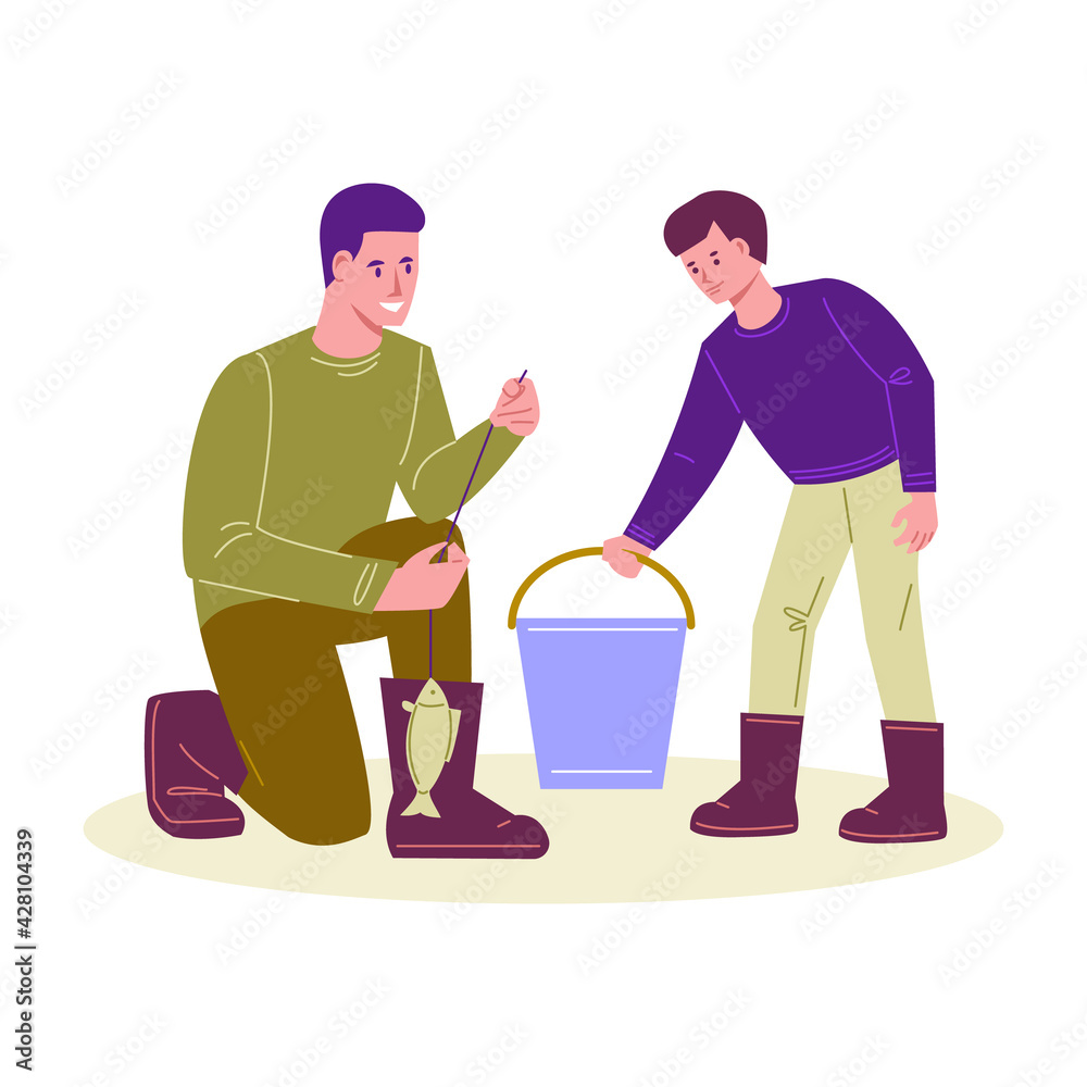 Father and son are fishing. Put the catch of fish in a bucket. Vector illustration in flat cartoon style. Isolated on a white background. Father and son are fishing. Put the catch of fish in a bucket. Vector illustration in flat cartoon style. Isolated on a white background.