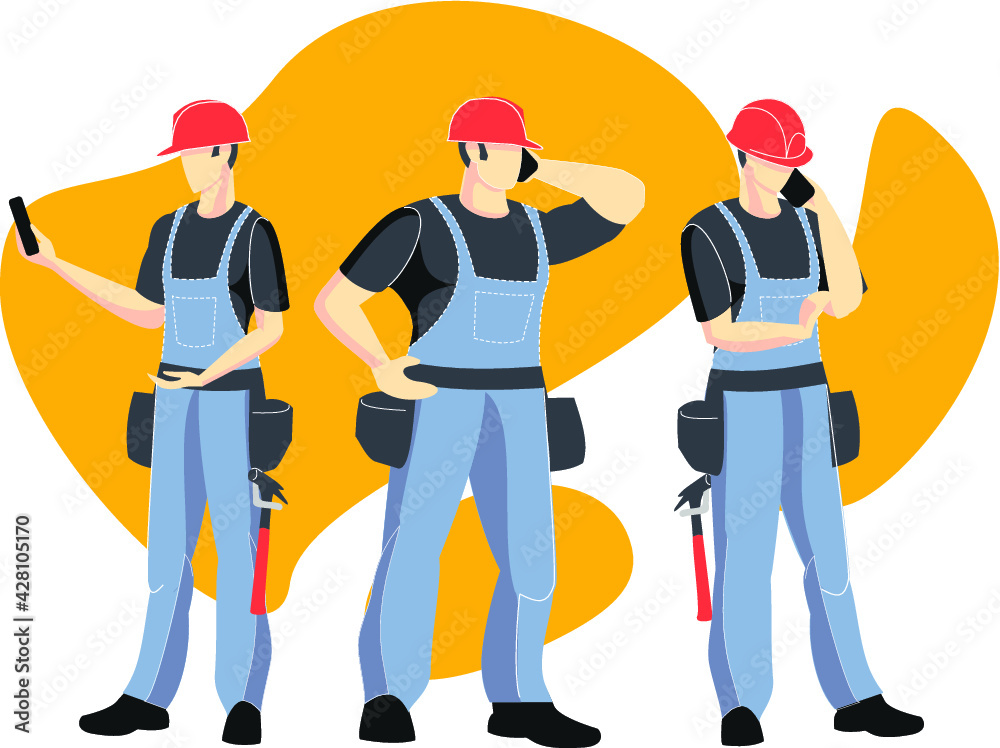 Naklejka premium Construction. Builders, group illustration. Vector illustration. Industrial theme. Episode from the life of workers. Carpenters.