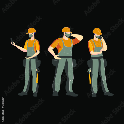 Construction. Builders, group illustration. Vector illustration. Industrial theme. Episode from the life of workers. Carpenters.