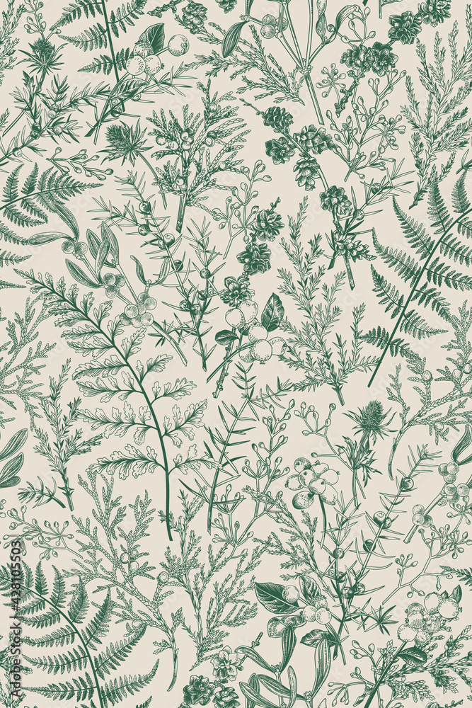 custom made wallpaper toronto digitalBotanical seamless hand-drawn pattern.