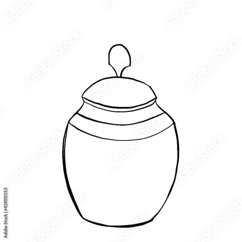spice jar, cup of tea, sugar storage container, sugar bowl, vinegar container, pepper and salt container, kettle, spice mortar, paper towel stand with paper towels, butter and butter knife, glass sala