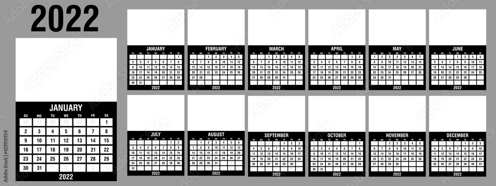 Calendar 2022 yearly. Week starts on Sunday. Vector illustration. Stock ...