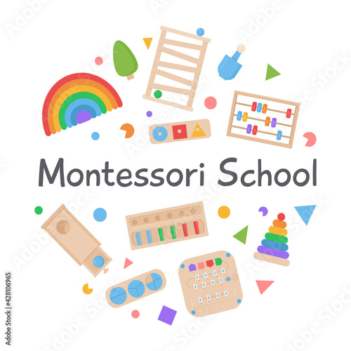 Vector Round banner of Montessori Children wooden eco friendly logic toys and busy boards for preschool kids. school or kindergarten. Circle for early development alternative education. 