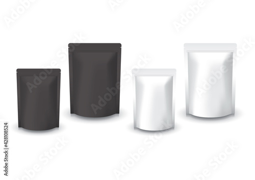 Blank white and black standing ziplock bag (2 sizes) for food or healthy product.