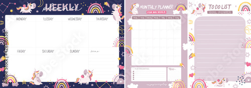 Printable set of weekly planner, monthly planner and todo list with Unicorn and Rainbow