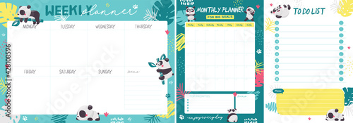 Printable set of weekly planner, monthly planner and todo list with Panda Bears and leaves