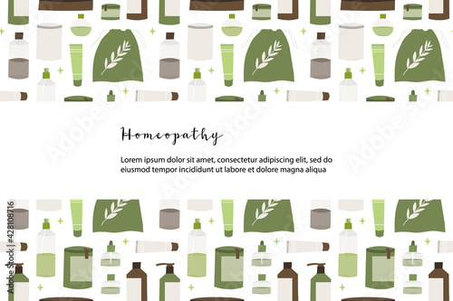 Homeopathy, naturopathy. Complementary, alternative, integrative, holistic medicine. Natural organic herb. Apothecary bottle. Vector flat cartoon illustration