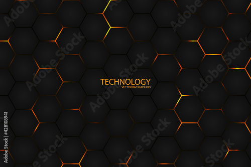 Hexagonal Dark l abstract background. Bright yellow light energy flashing under the hexagon in modern futuristic technology background illustration. Black grid honeycomb texture.