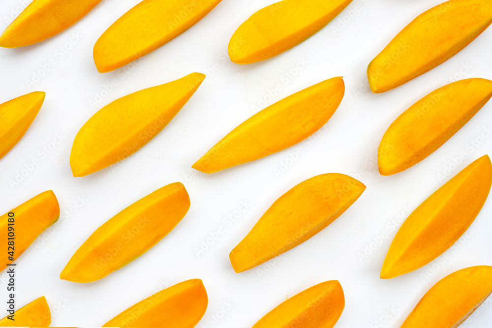Tropical fruit, Mango slices on white