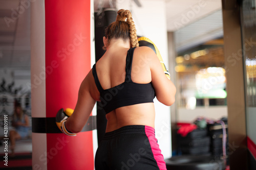 Female boxer training inside. © liderina