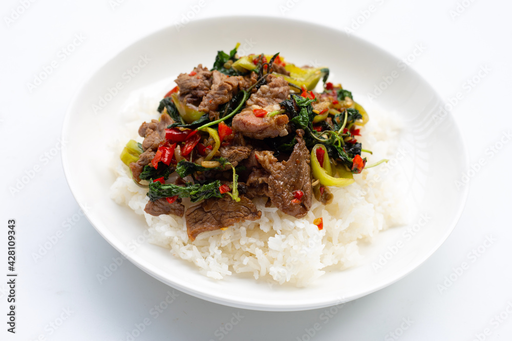 Rice topped with stir-fried beef with holy basil Rice topped with stir-fried beef with holy basil