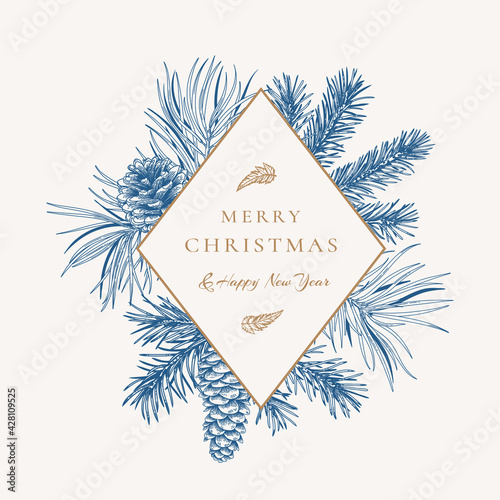 Сhristmas card with rhombus frame. Blue and white.