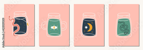 Set of hand drawn abstract elements in modern, trendy colors, taro cards and boho concept, minimalism art.