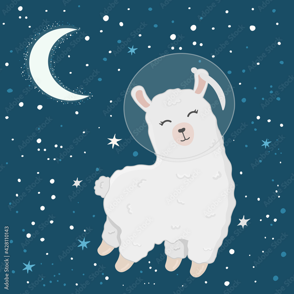 Fototapeta premium Illustration with cute alpaca astronaut on starry space background. Perfect for posters, greeting cards and other design. Cute llama