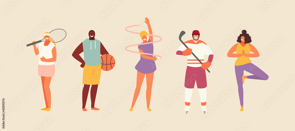 Sports people doing different kinds of sports. Gymnastics, basketball, hockey, tennis and yoga. Healthy lifestyle vector illustration