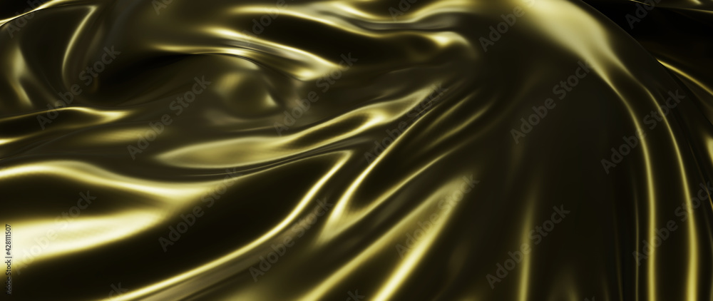 3d render of dark and gold silk. iridescent holographic foil. abstract art fashion background.