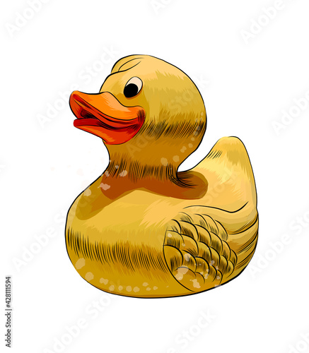 Yellow duck toy. Inflatable rubber duck from a splash of watercolor, colored drawing, realistic. Vector illustration of paints
