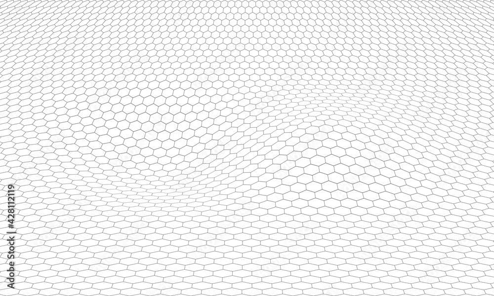 Hexagon distorted perspective grid. Abstract hexagonal background.