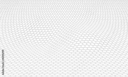Hexagon distorted perspective grid. Abstract hexagonal background.