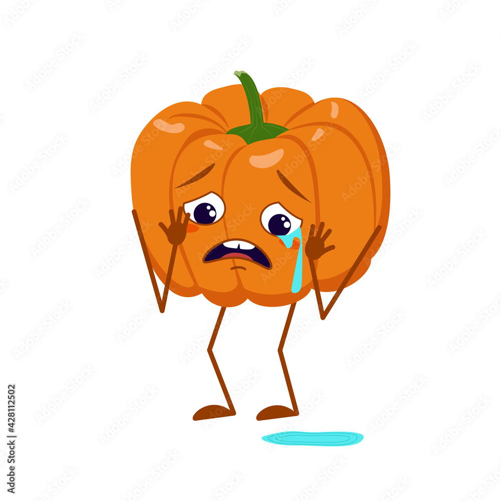Fototapeta premium Pumpkin characters with crying and tears emotions, face, arms and legs. The funny or sad hero, orange autumn vegetable. Halloween decoration