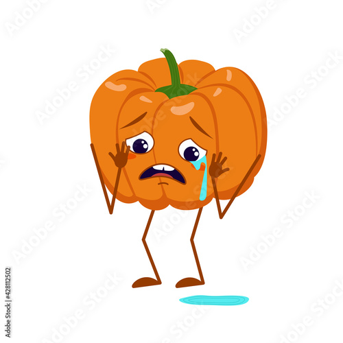 Pumpkin characters with crying and tears emotions, face, arms and legs. The funny or sad hero, orange autumn vegetable. Halloween decoration