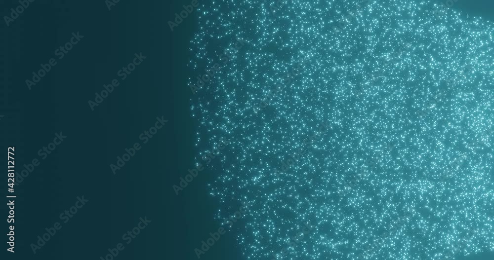 Blue particles emitting from right on black background simulating data stream