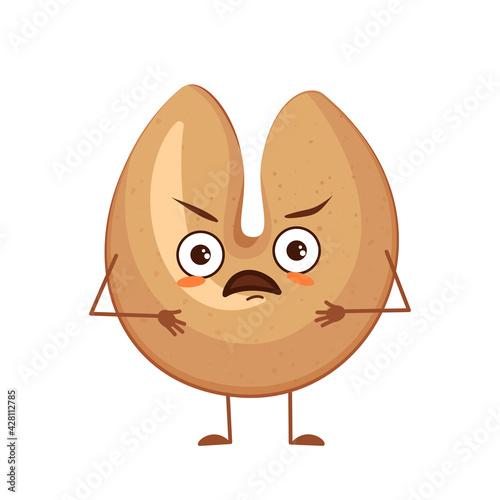 Cute chinese fortune cookies characters with angry emotions, face, arms and legs. The funny or grumpy hero, Festive sweets