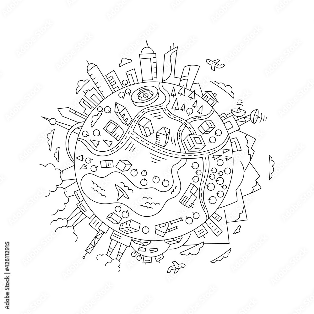 Round sketch world planet Earth. The city, the mountains the factories and buildings. Hand drawn vector line. Open paths. Editable stroke thickness.