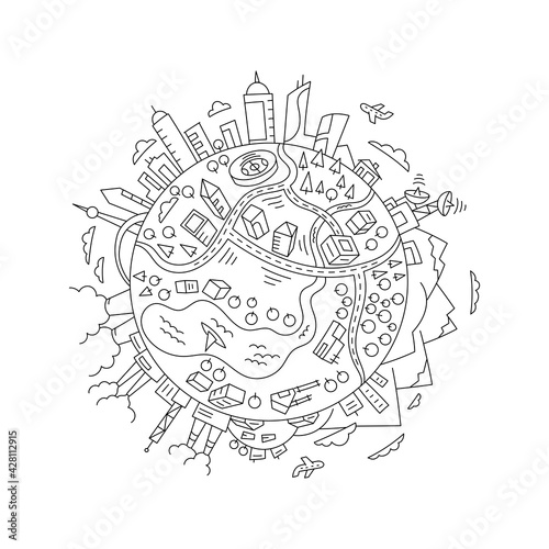 Round sketch world planet Earth. The city, the mountains the factories and buildings. Hand drawn vector line. Open paths. Editable stroke thickness.
