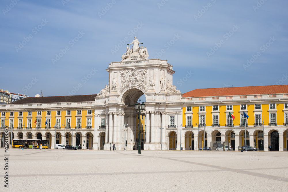 central square in Lisbon. great arch. walks in Europe. Lisbon is the capital