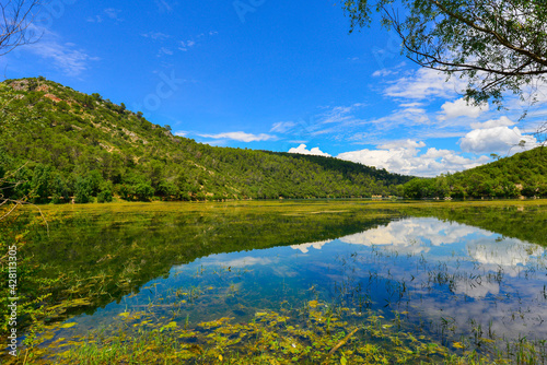 Vue du lac de Sainte Suzanne (dit lac de Carces) avec les reflets des montagne dans l'eau et les plantes aquatiques au premier plan sou un cliel bleu azur parsemé de nuages blancs
