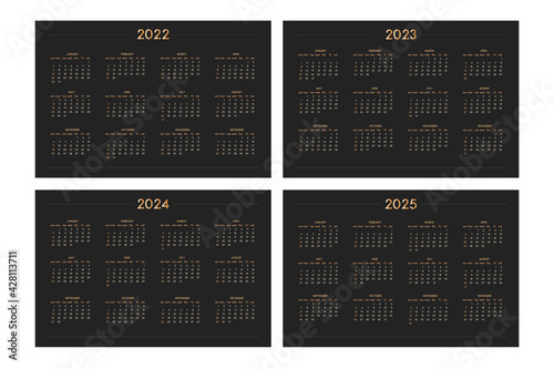 2022 2023 2024 2025 calendar set in splendid luxury style gold and black color. wall table calendar schedule, minimal restrained business design for notebook and planner. Week starts on sunday