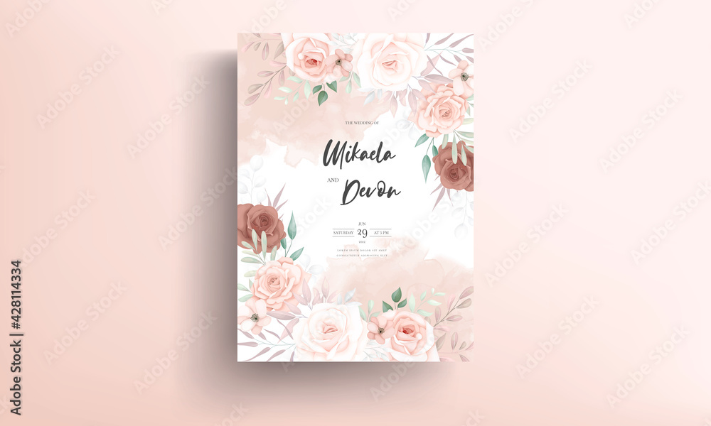 Beautiful soft floral wedding invitation card with rose ornament