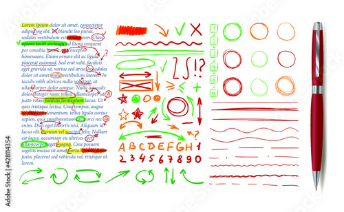 Vector Text Correction Design Elements Set, Text Sample, Realistic Red Pen and Sketched Colorful Marks.
