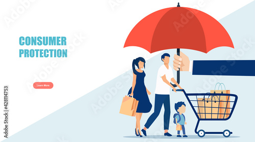 Vector of a family with shopping cart under umbrella. Consumer protection concept photo