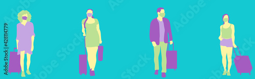 Travelling people safe distance. Medical masks and suitcases. Post-corona travelling concept. Travelling after coronavirus covid19 illustration. 