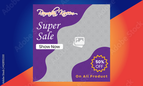 Ramadan sale social media post template banners ad, Eid Mubarak Sale with Flat 50% Off, Suitable for Greeting Card, Banner, Event Backdrop, Social Media, And Other Muslim Related Occasion.