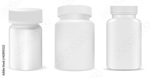 White plastic pill bottle mockup, supplement jar, vitamin package isolated on white background. Pharmaceutical remedy container, medicament capsule bottle temlate, 3d illustration