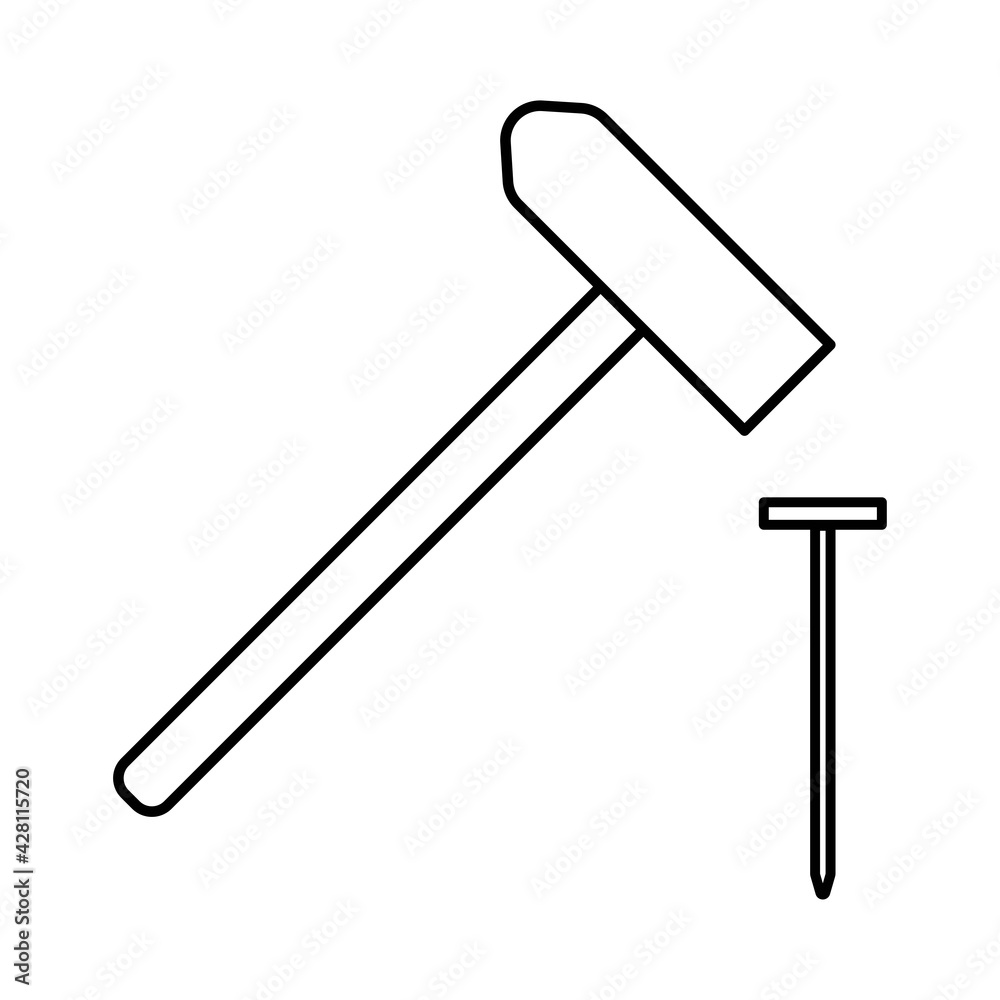 Hammer and nail icon. Hand drawn element, vector illustration in black on white background. Hammer and nail icon. Hand drawn element, vector illustration in black on white background.