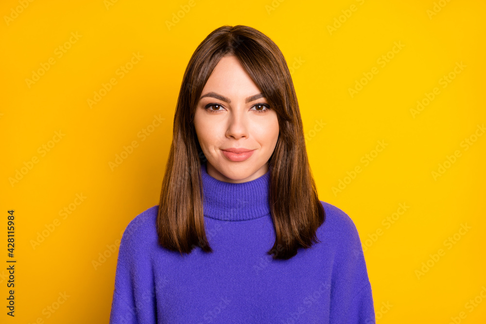 Photo of adorable charming young woman wear purple pullover smiling isolated yellow color background Photo of adorable charming young woman wear purple pullover smiling isolated yellow color background