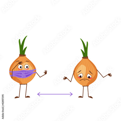 Cute onion characters with face and mask keep distance, arms and legs. The funny or sad hero, vegetable
