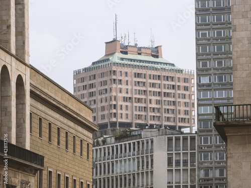 Velasca Tower, an unmistakable twenty-six-story skyscraper in the Milan skyline seen from Duomo square.Lombardy,Italy.